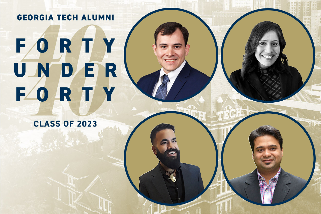 A logo for the Georgia Tech Alumni Association's 40 under 40 class of 2023, with headshots of the four College of Sciences alumni in the class.